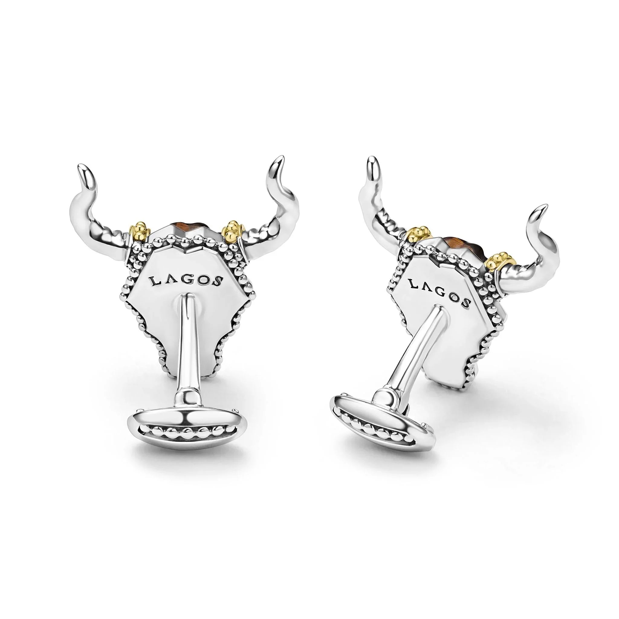 Front and back view of long-horn cufflinks showcasing tiger eye stones, sterling silver and 18K gold caviar beading