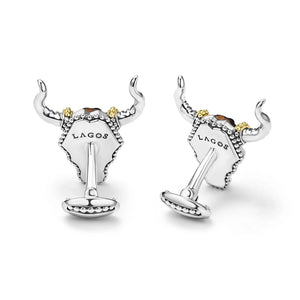 Front and back view of long-horn cufflinks showcasing tiger eye stones, sterling silver and 18K gold caviar beading
