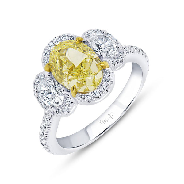 Three-Stone Halo Oval Shaped Fancy Light Yellow Diamond Ring