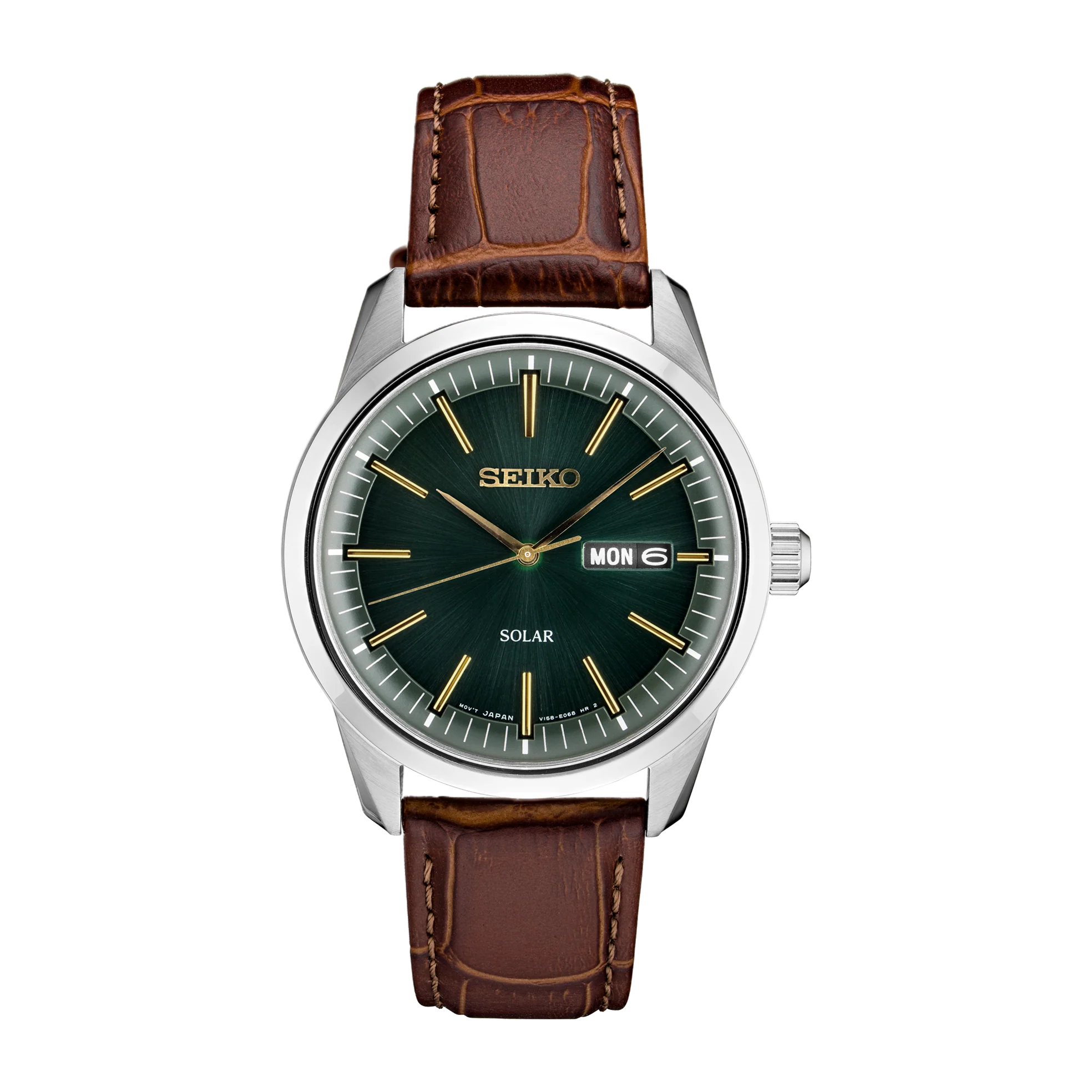 Front view of Seiko SNE529 solar watch showcasing green sunray dial, day/date at 3 o'clock and brown leather strap