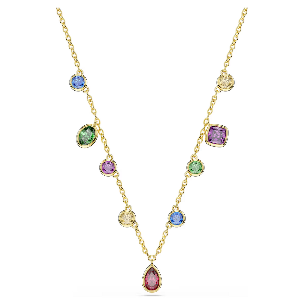 multi color stones on a gold tone necklace on a white background