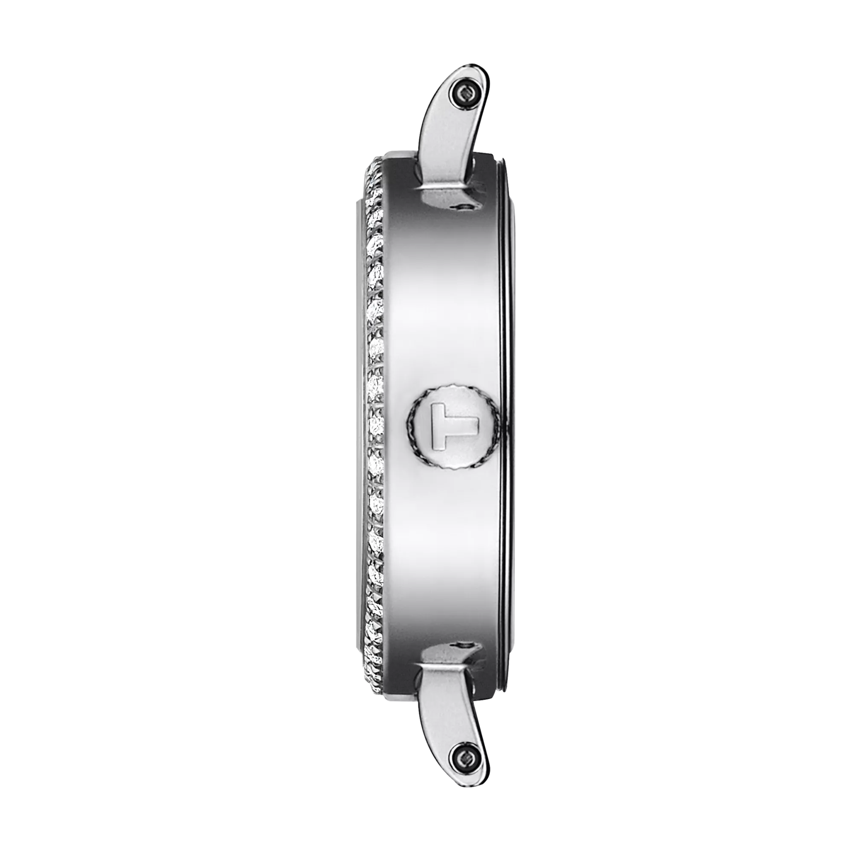 Close-up of a silver watch with a brand logo on a white background