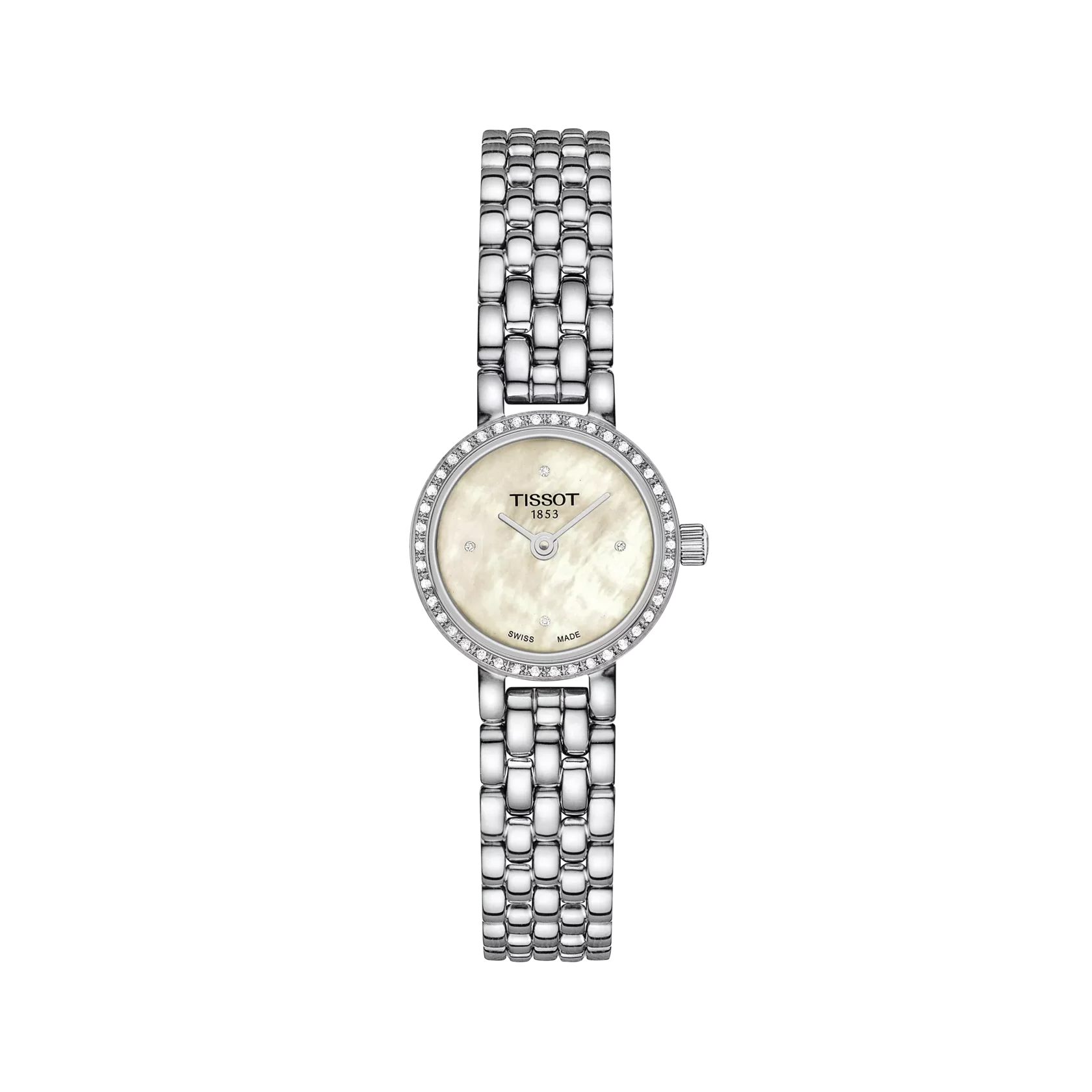 Silver Tissot watch with a white face on a white background