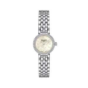 Silver Tissot watch with a white face on a white background