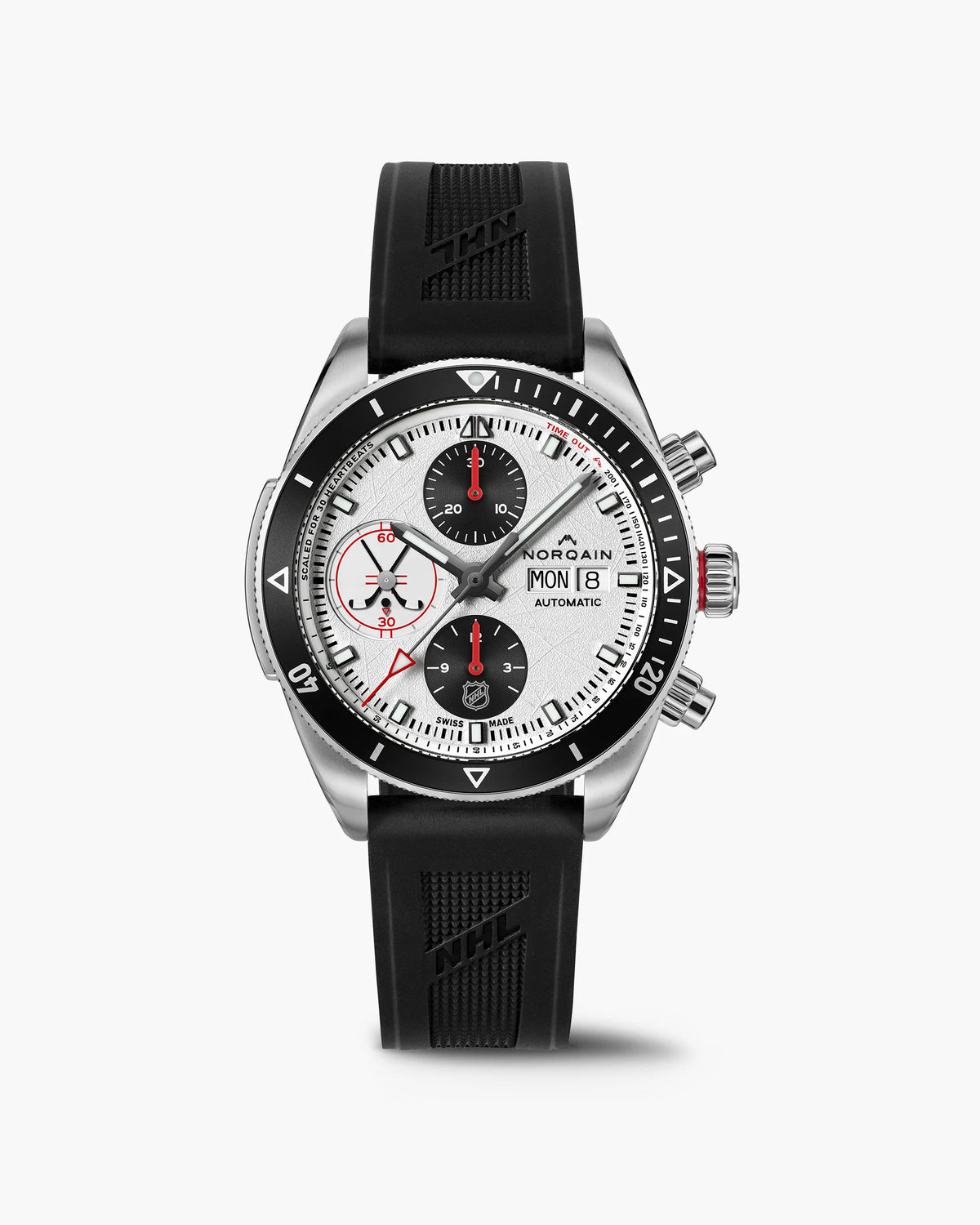 watch with white and black dial with black rubber strap on a white background