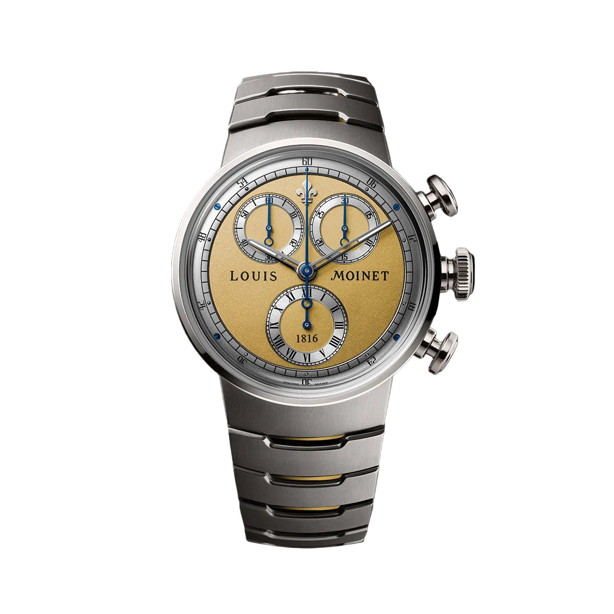 titanium case and bracelet with champagne colored dial with blue hands on a white background