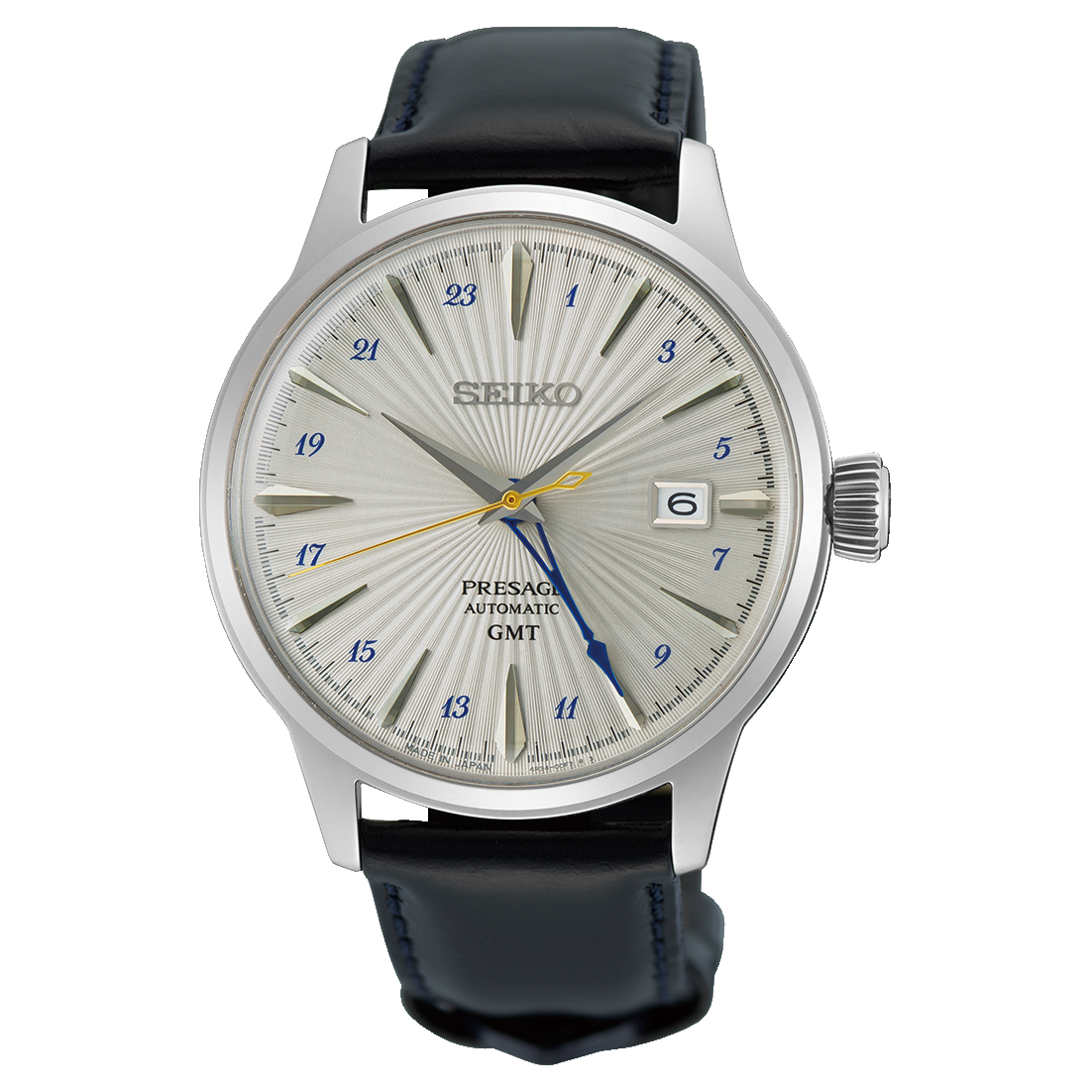 Seiko watch with dark blue leather strap on a white background