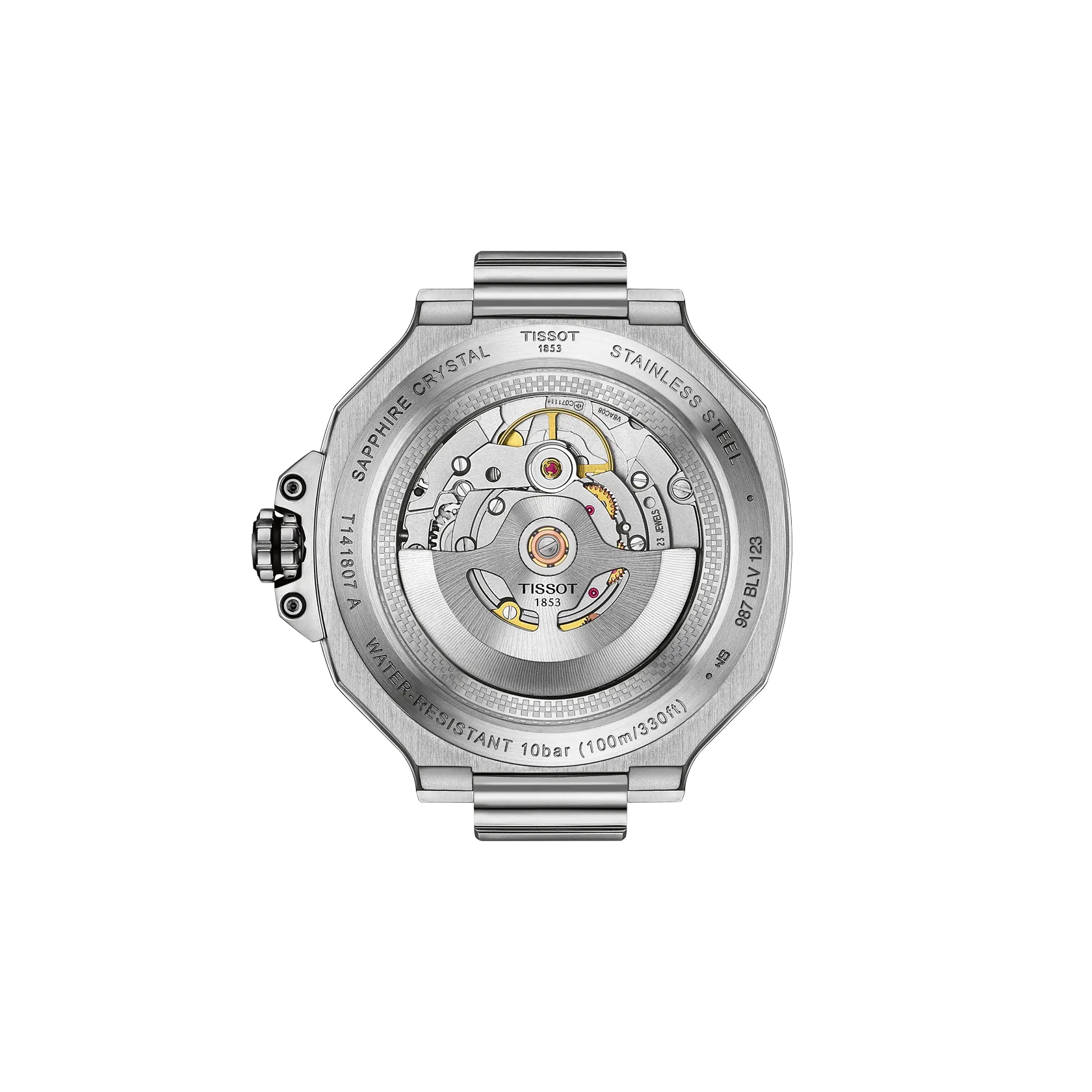Tissot caseback with moving parts on a white background