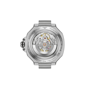Tissot caseback with moving parts on a white background