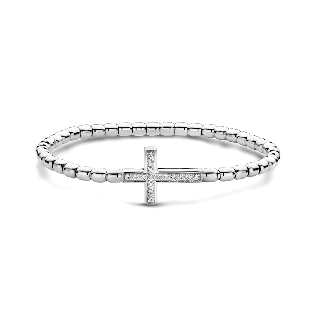 white gold beaded bracelet with cross and diamonds on a white background