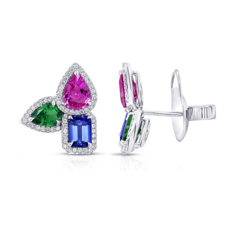 Pair of halo stud earrings (front and side) with pink pear, green pear and blue emerald-cut gemstones in white gold