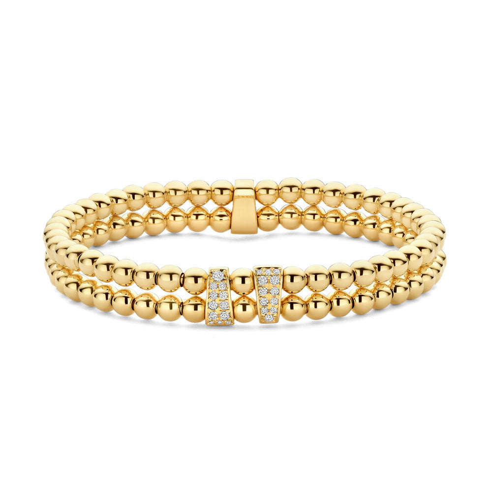 gold double row beaded bracelet with diamonds
