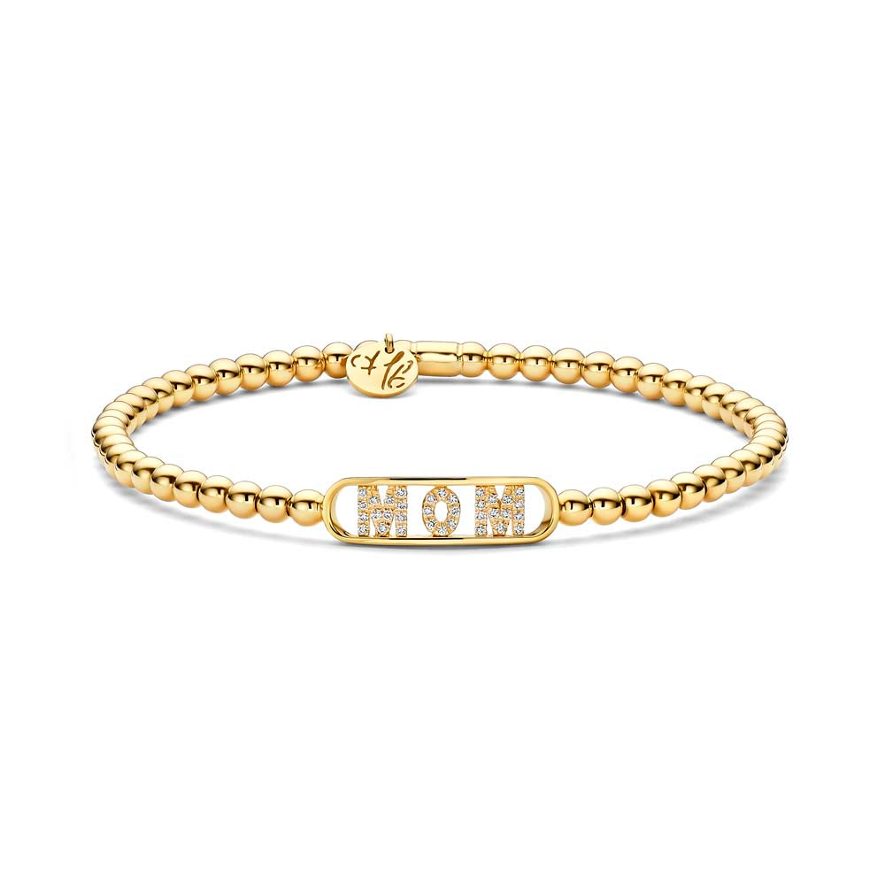 gold beaded bracelet with MOM in diamonds on a white backgound