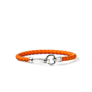 Orange leather bracelet with sterling sliver clasp on a white background