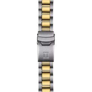 Two-tone watch strap with gold and silver links on a white background