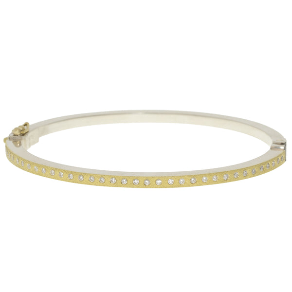 Thin Yellow Gold and Silver Bangle with White Diamonds