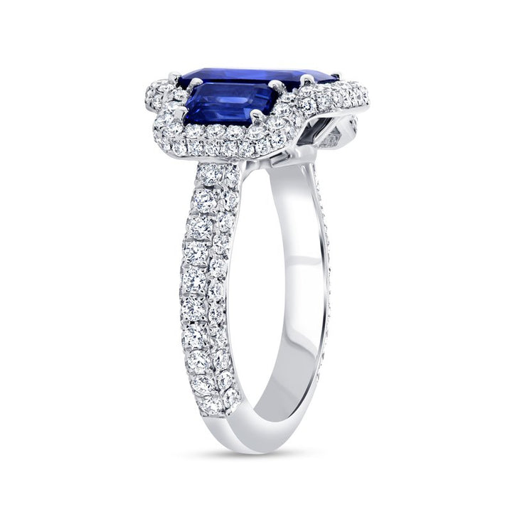 3-Stone-Halo Emerald Cut Blue Sapphire Ring