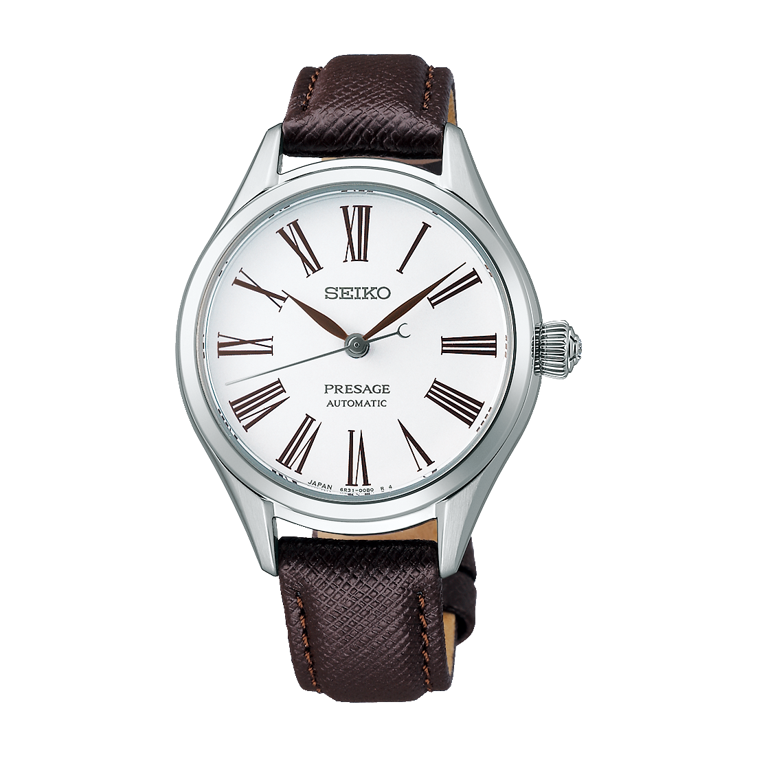 Front view of Seiko Presage SPB233 watch with white enamel dial, brown Roman numerals, stainless steel case and brown calfskin strap