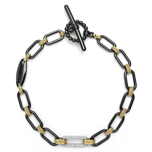 18K Gold and Black Ceramic Diamond Station Link Bracelet