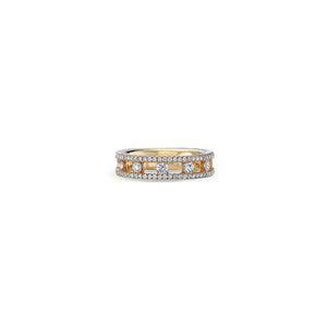Front view of Diamond Air Ring showing open-link band in 18K yellow gold with pave round diamonds on white background