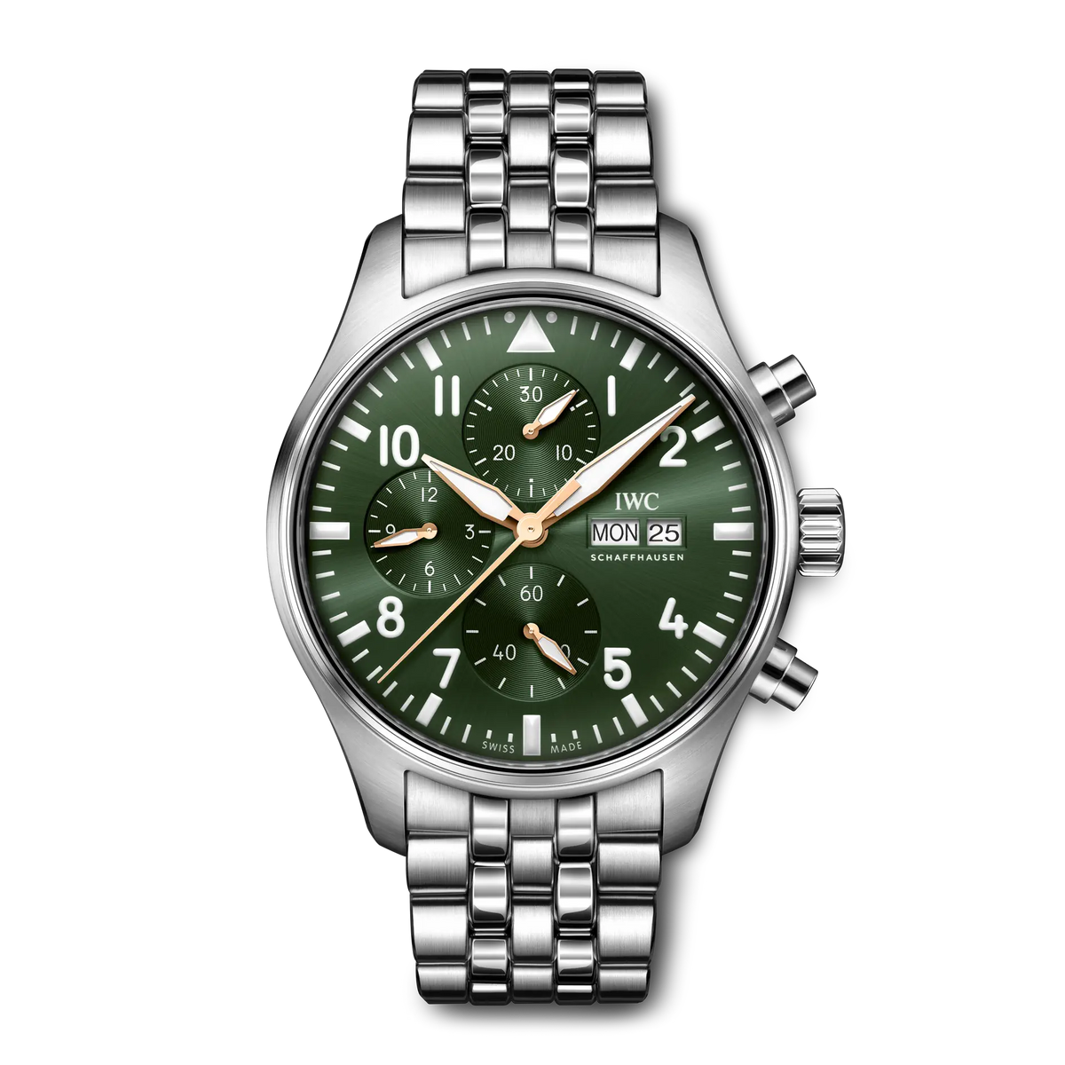 IWC stanless steel watch with Olive green dial  on a white background