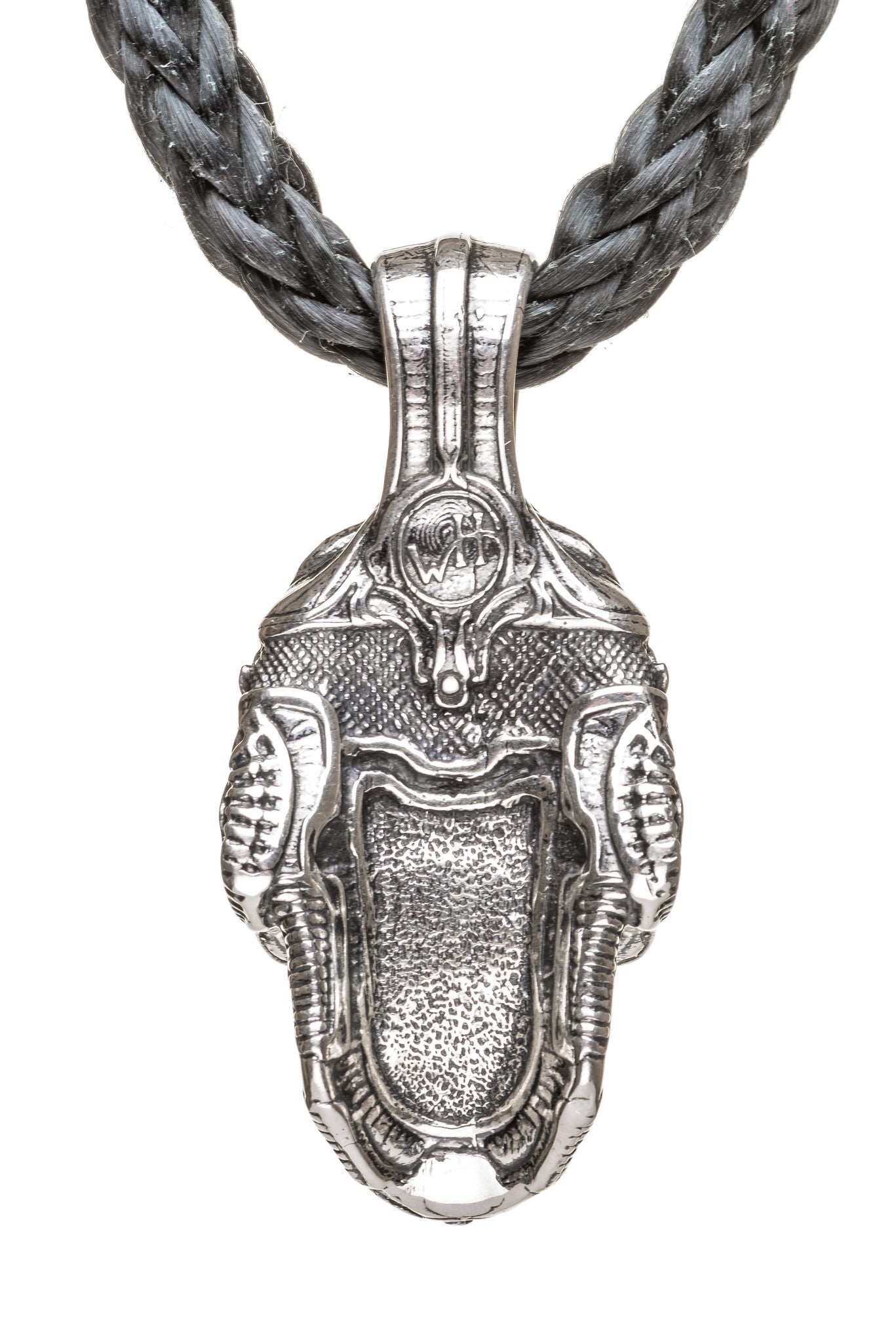 Front view of William Henry Cristobal Skull pendant in sterling silver on braided leather cord, white background