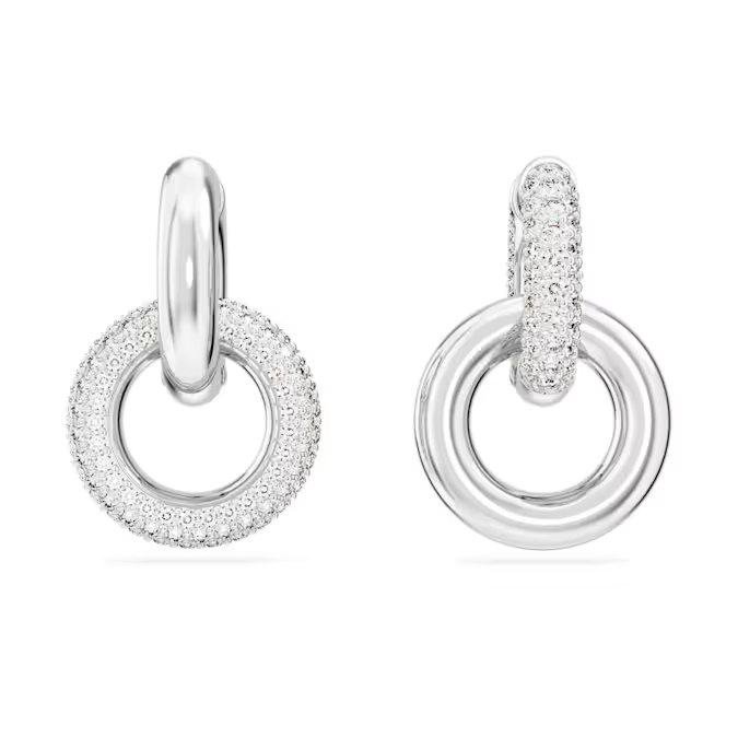Front view of Dextera drop earrings showcasing two interlinked rhodium-plated hoops, one with pavé-set stones, on white background