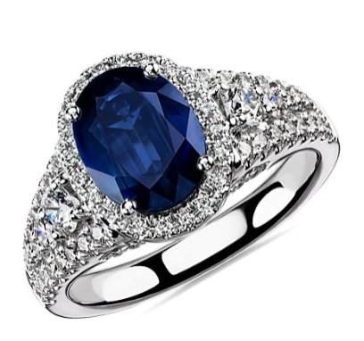 14K White Gold Diamond Halo Blue Sapphire Ring