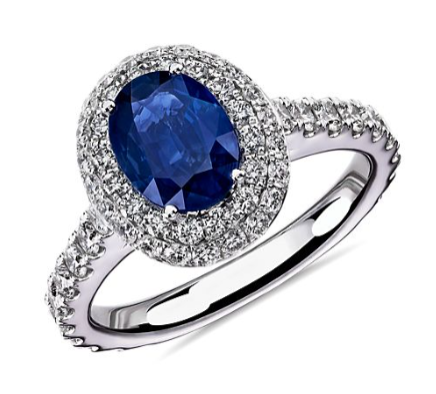 14K White Gold Diamond Double Halo Blue Sapphire Ring