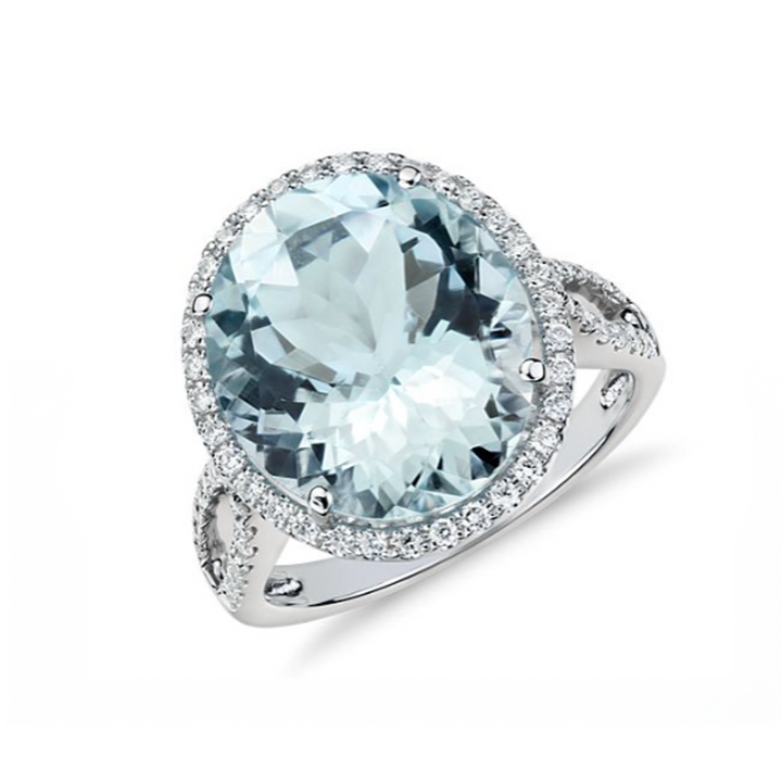 18K White Gold Diamond Halo Aquamarine Ring