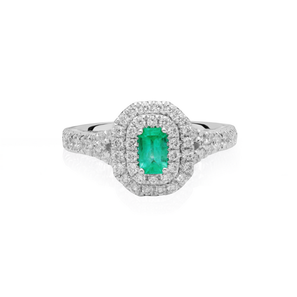 14K White Gold Diamond Double Halo Emerald Ring