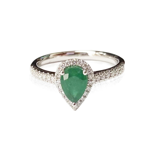 14K White Gold Diamond Halo Emerald Ring