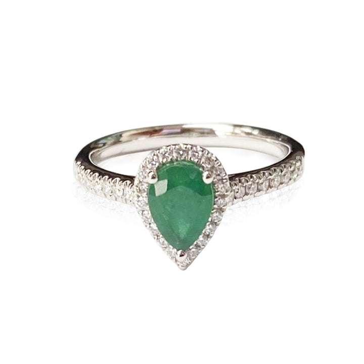 14K White Gold Diamond Halo Emerald Ring