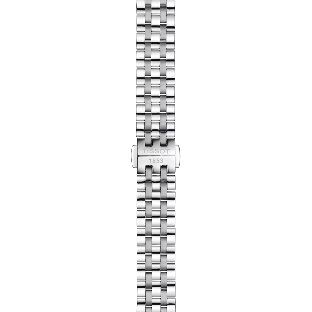 Silver watch strap with Tissot logo on a white background