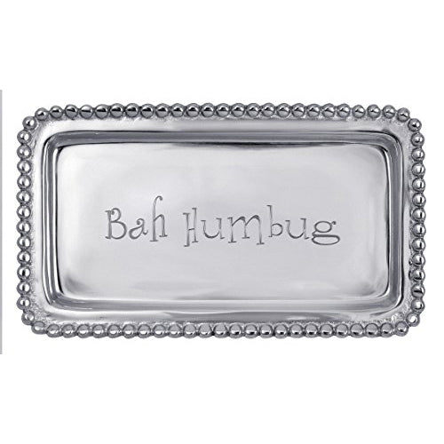 Top view of Bah Humbug statement tray with engraved "Bah Humbug", beaded border, polished silver finish