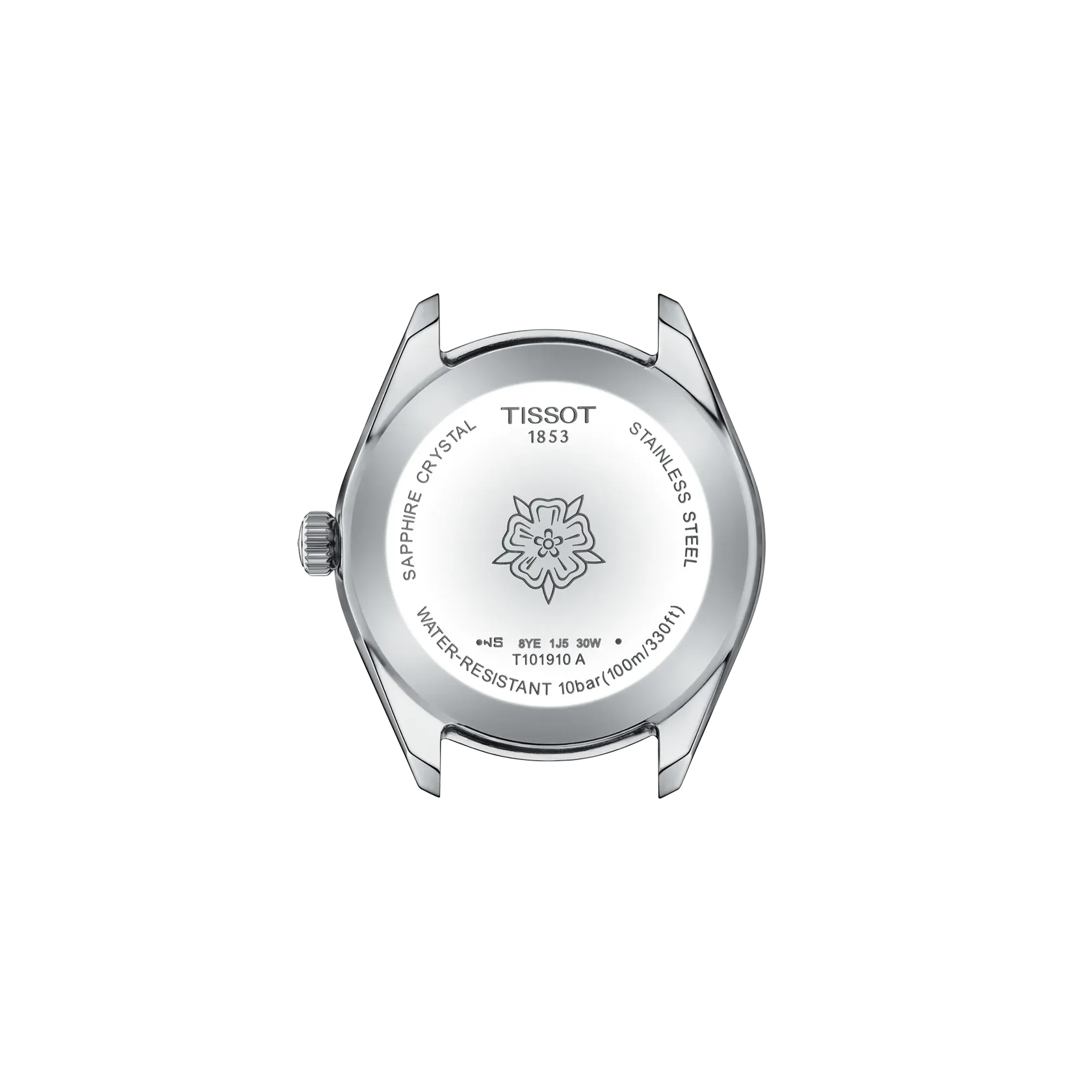 Back view of a Tissot watch with brand logo and model details on a white background