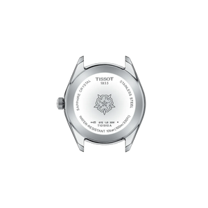 Back view of a Tissot watch with brand logo and model details on a white background