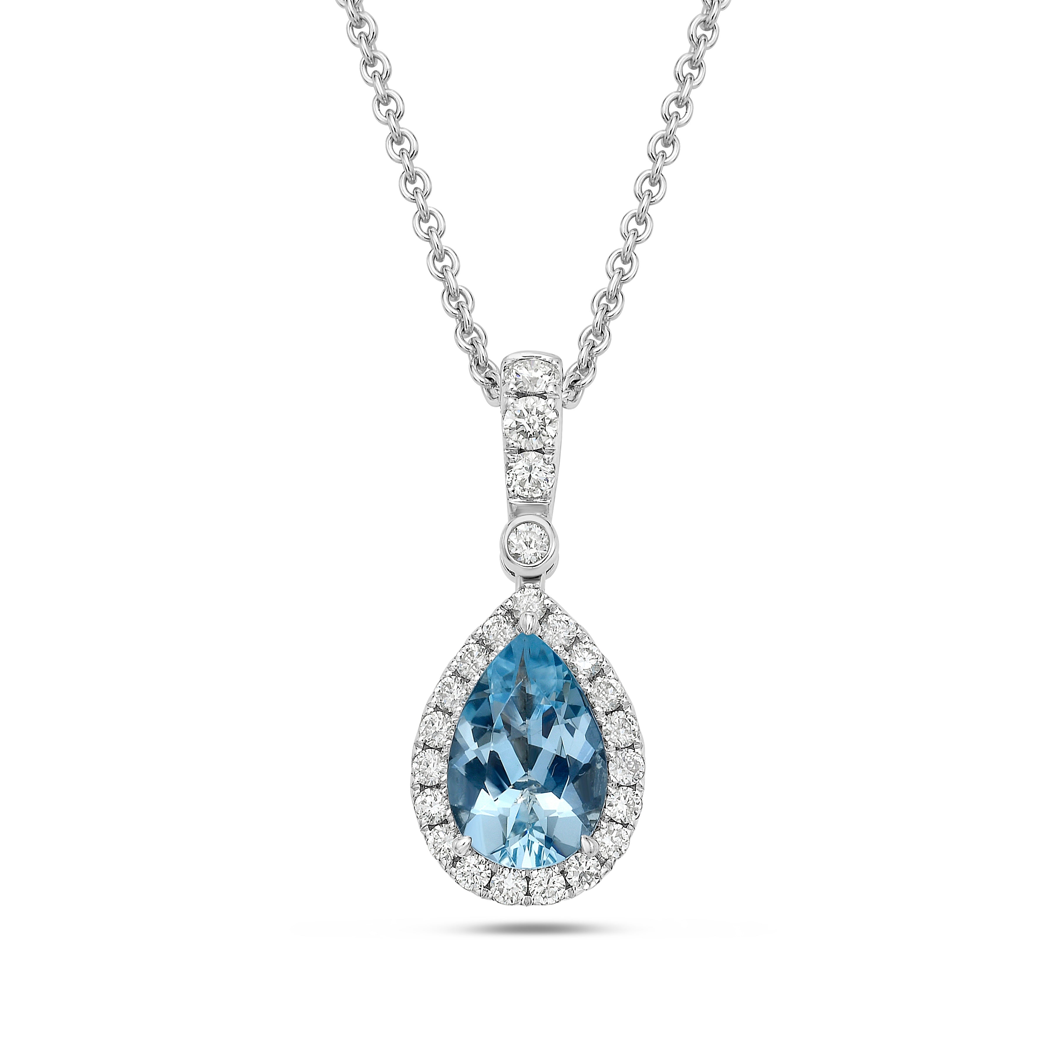 A silver pendant necklace featuring a teardrop-shaped light aquamarine gemstone surrounded by a halo of small diamonds, suspended from a delicate silver chain on a white background.