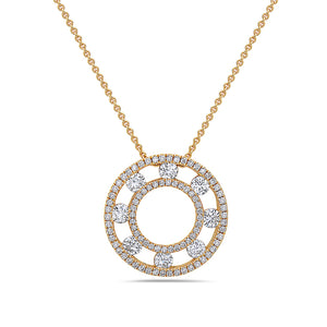 Gold tone floating diamond circle pendant on a white background