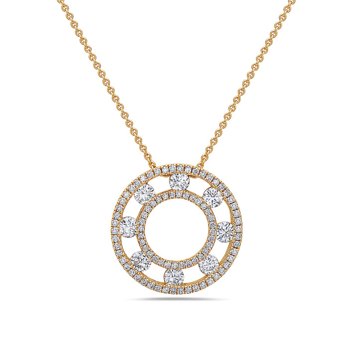 Gold tone floating diamond circle pendant on a white background