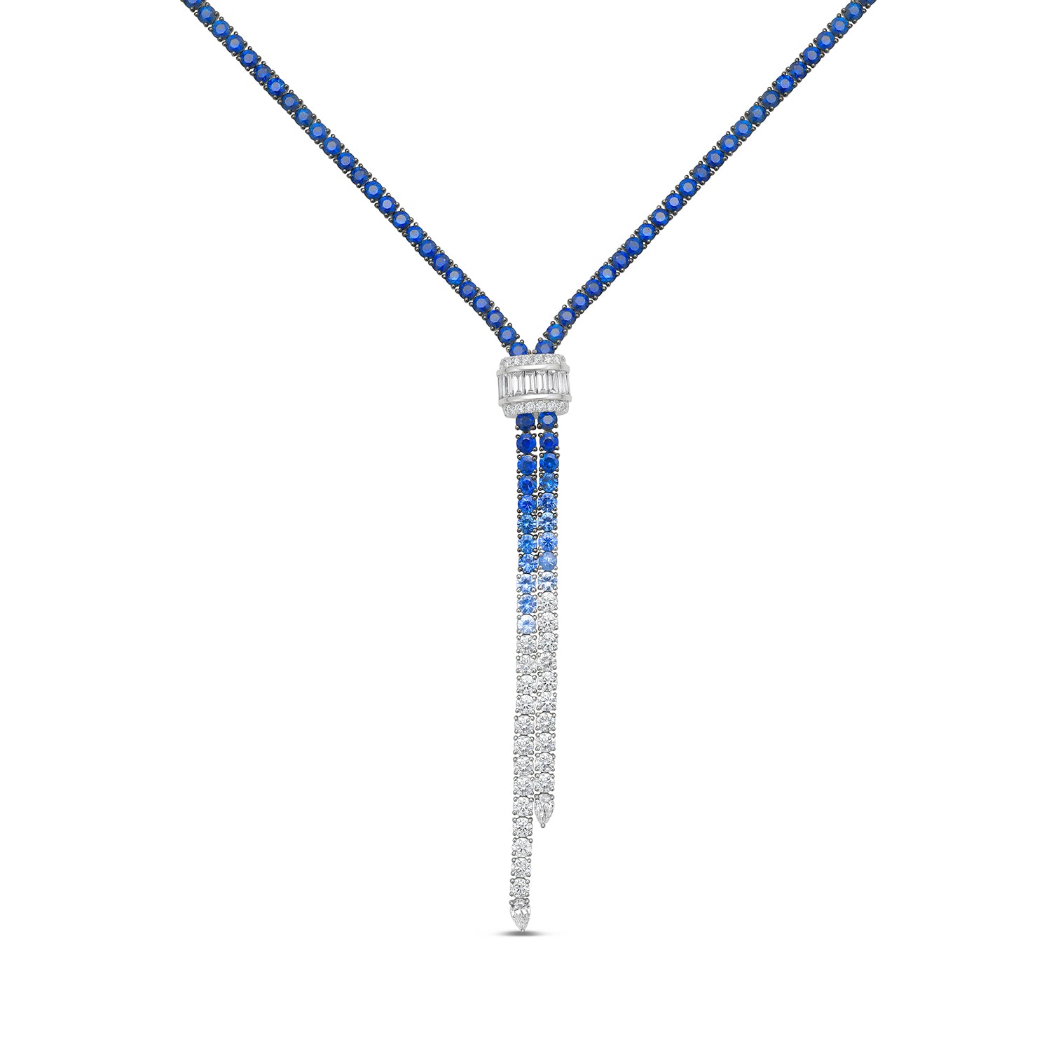 A luxury Y-shaped pendant necklace featuring a vibrant blue-to-clear gradient drop. The top section of the drop is paved with deep blue sapphires, while the lower section transitions into clear pavé diamonds.