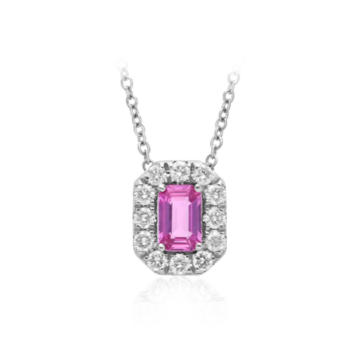 Pink Sapphire and Diamond Halo Necklace