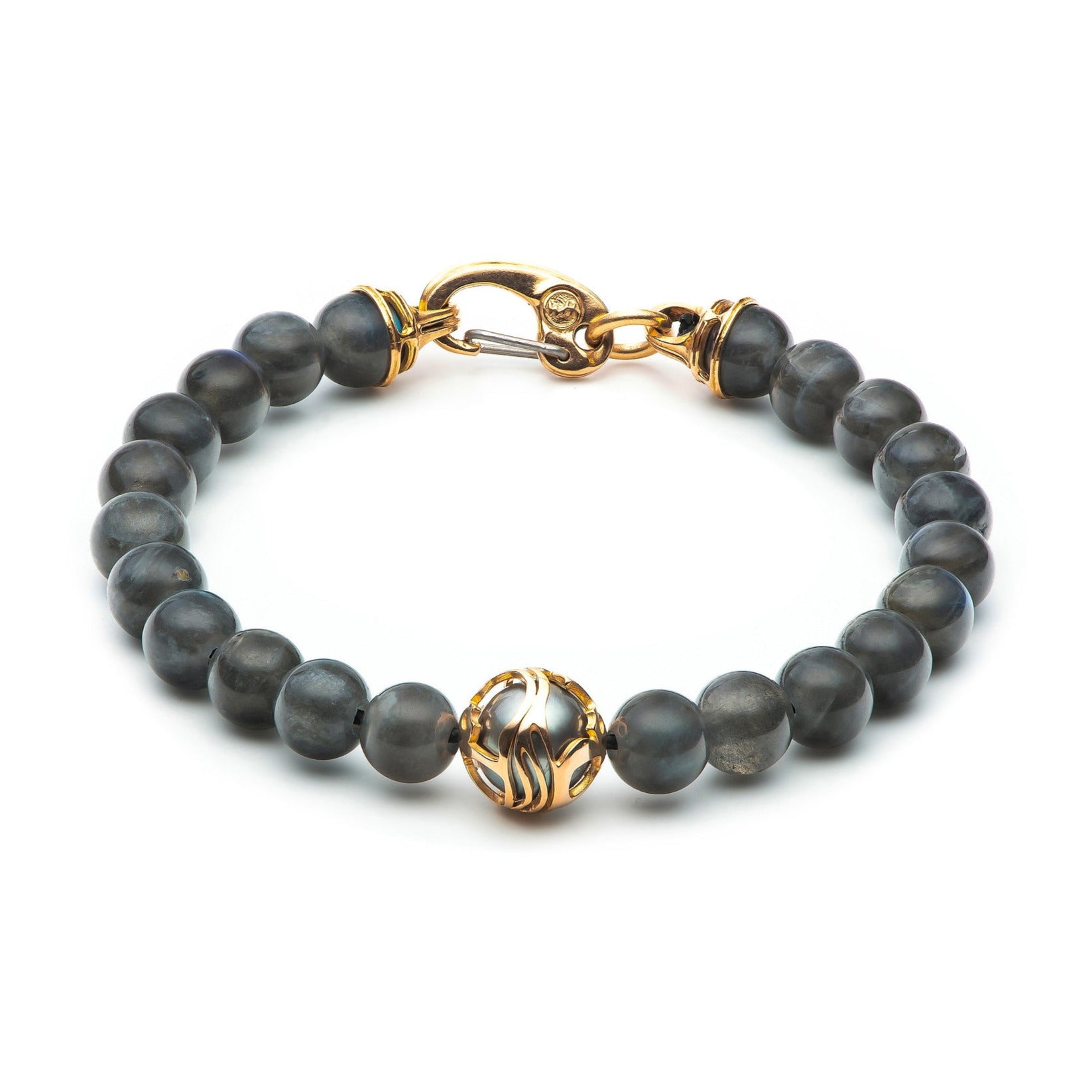 Gray labradorite beaded bracelet with gold filigree center bead and gold lobster clasp