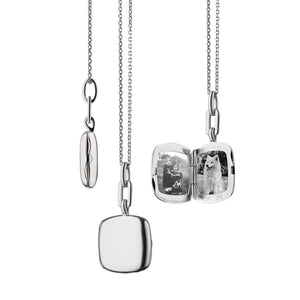 A sterling silver locket necklace with two images, one side showing a close-up of the locket and the other side showing the necklace in a dynamic pose with a blurred background.