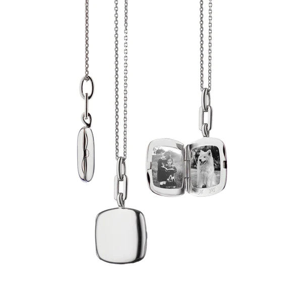 A sterling silver locket necklace with two images, one side showing a close-up of the locket and the other side showing the necklace in a dynamic pose with a blurred background.