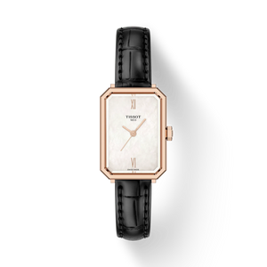 TISSOT 1853 rectangular rose-gold watch with mother-of-pearl dial and black leather strap; XII, VI, SWISS MADE visible.
