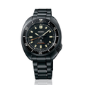 Black Seiko watch with a metallic band on a white background