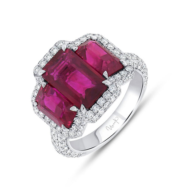 Diamond Halo Emerald Cut Ruby Ring