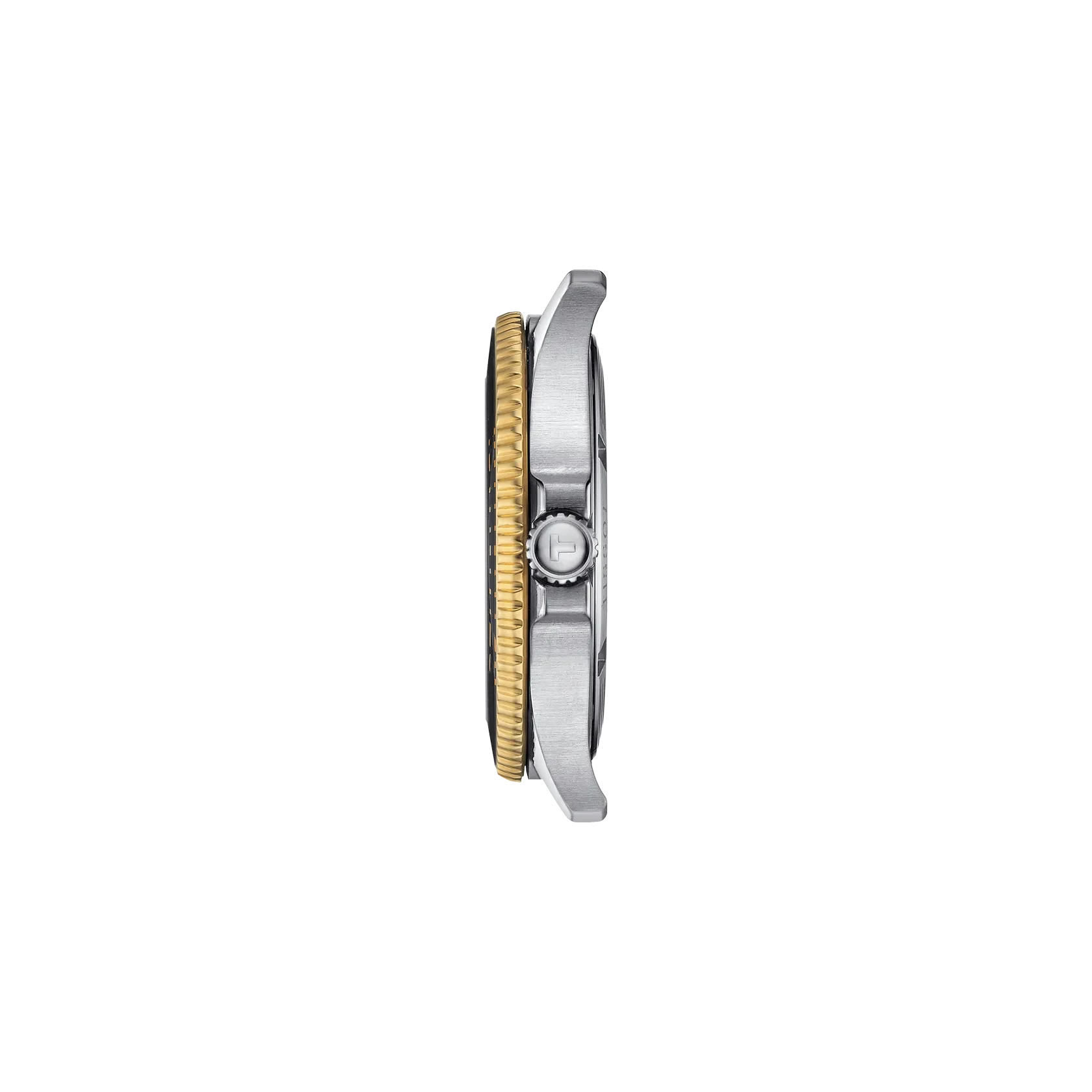 Side of watch, stainless steel and gold accent bezel with T on crown