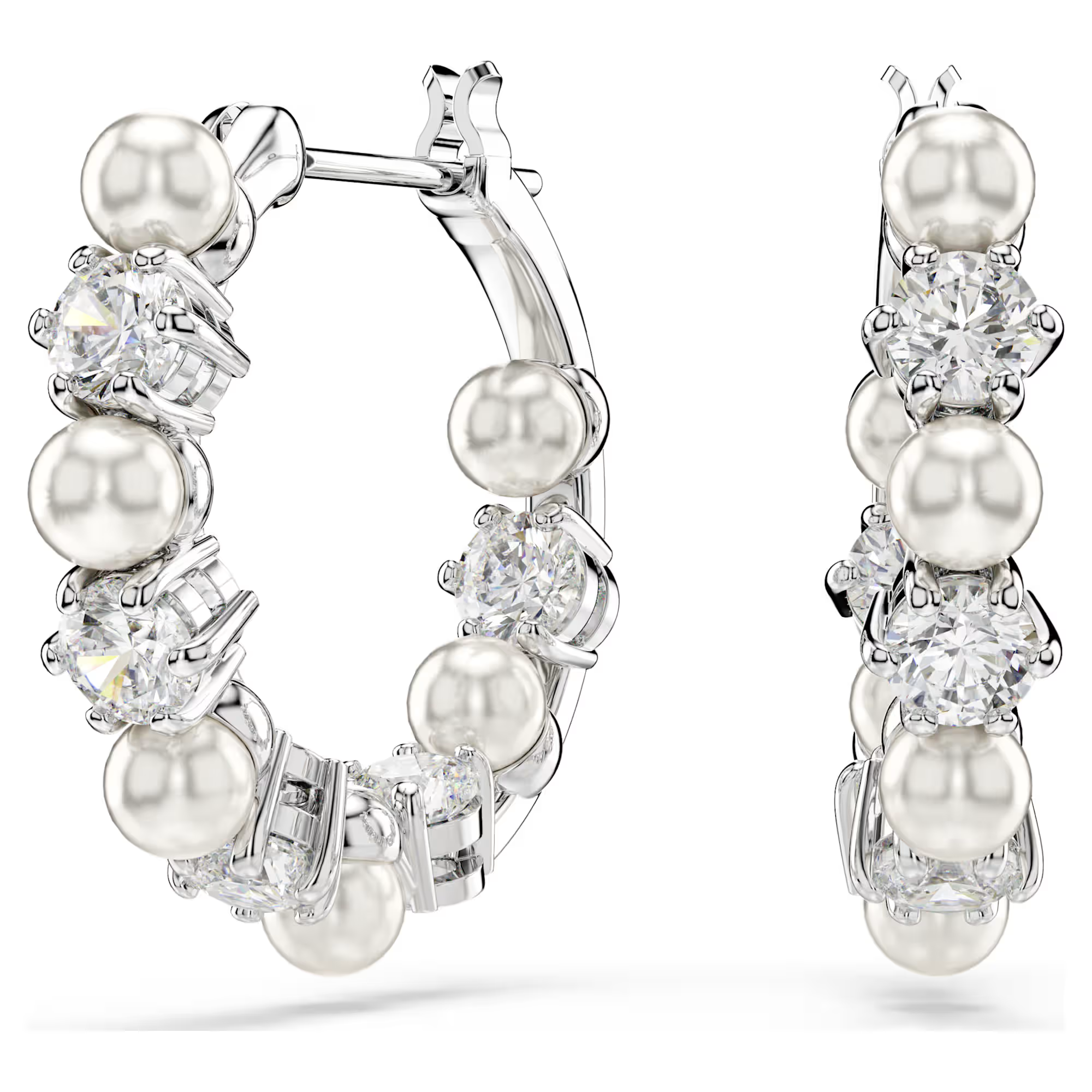 Silver hoop earrings with alternating cultured pearls and round brilliant-cut clear gemstones.